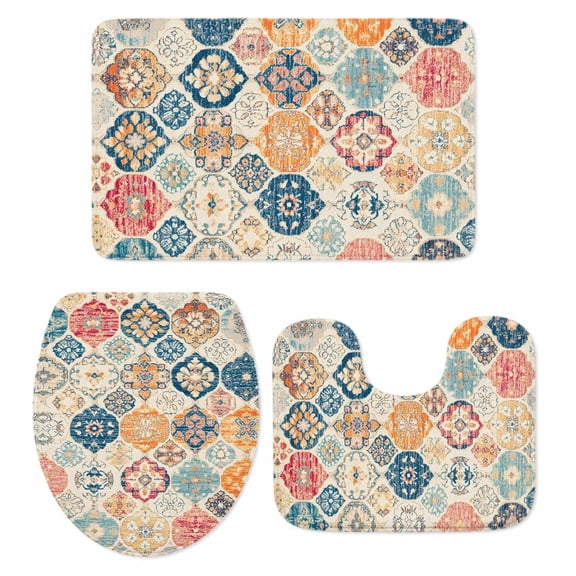 Boho Morocco Bath Mat 3 Piece Bathroom Rug Set, Retro Farmhouse Ethnic Neutral Aesthetic Non Slip Bath Rug Contour Mat and Toilet Lid Cover, Absorbent Shower Mats Soft Bath Rugs and Mats Sets