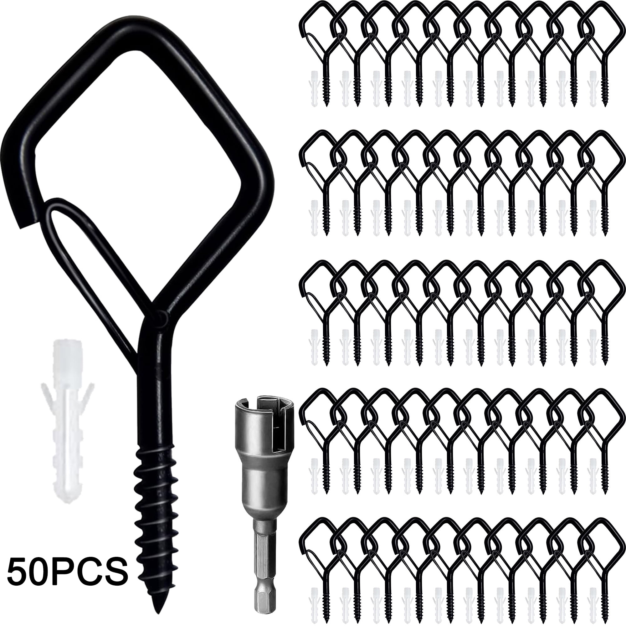 50 Pack Q Hangers String Light Hooks – Screw-in Ceiling Hooks With Safety Buckles & Anchors, Outdoor Patio Light Hooks For Plants, Wind Chimes, Christmas Decor, 40 Lbs Capacity