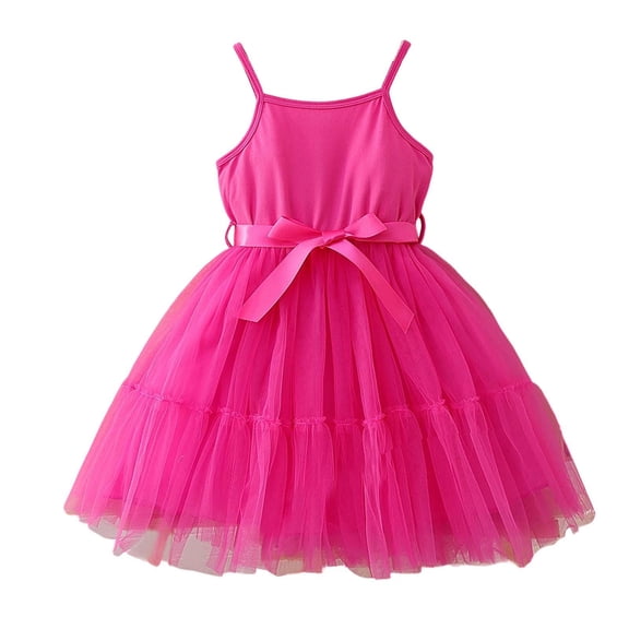 hengsof Girls Summer Suspender Dress, Fashionable Tulle Waist Tie Dress, Solid Color Tulle Party Dress, Suitable for Girls Aged 3-10