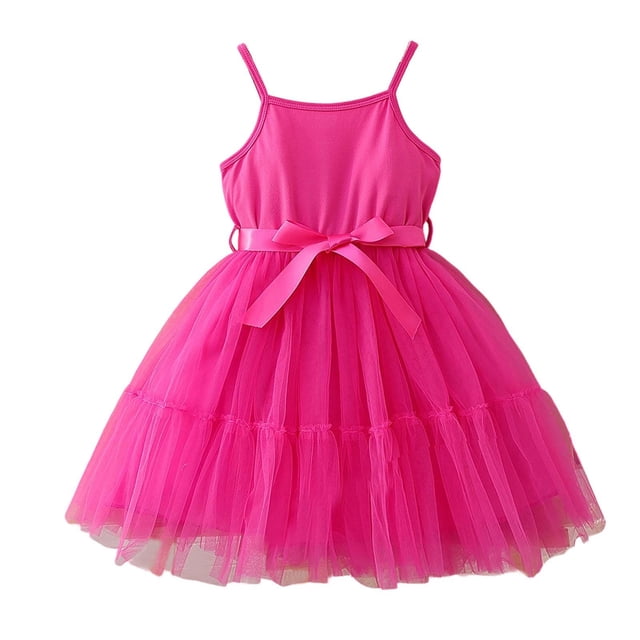 Vestido de Fiesta de las Niñas Color Sólido Suspender Malla Superposición con Cinturón Casual Fluy A-Line para Niños Fotos de Vacaciones Primavera Verano