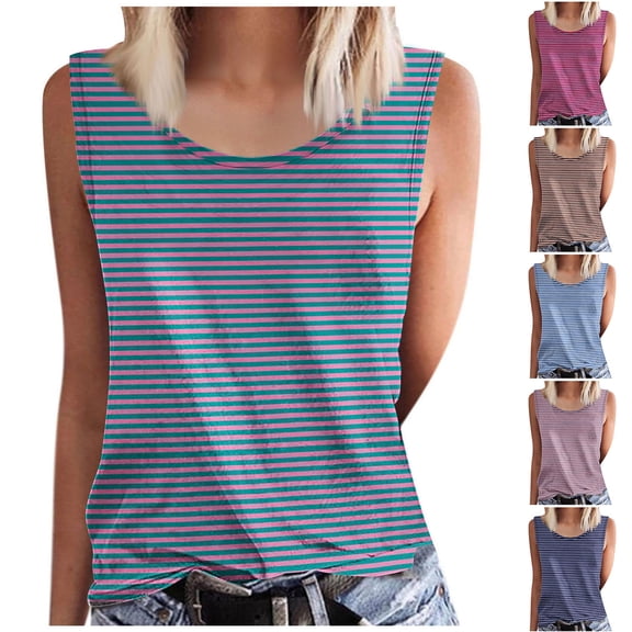 Fengqque Women's Summer Tank Tops Striped Print Sleeveless Crewneck Casual Vacation Vest Top Shirts Pink-B XL(XL)