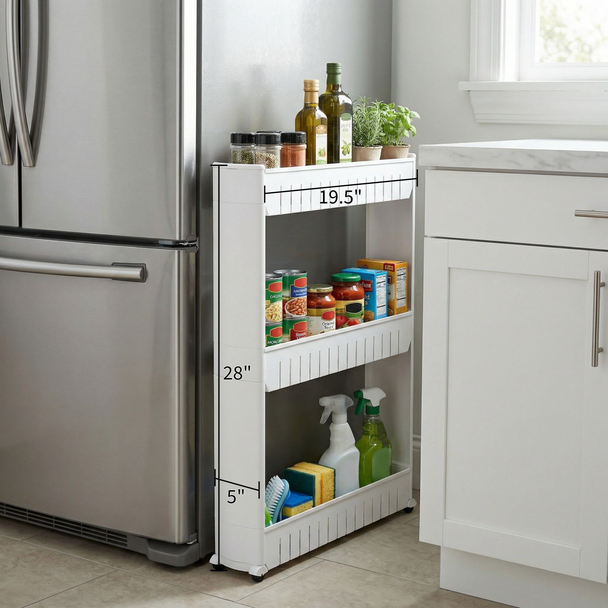 Everyday Home 3 Tier Shelf Rolling Cart - Narrow-Space Kitchen or Bathroom Shelf Organizer Cart - Slim Slide-Out Storage Shelves for Kitchen, Bathroom, Laundry and Pantry