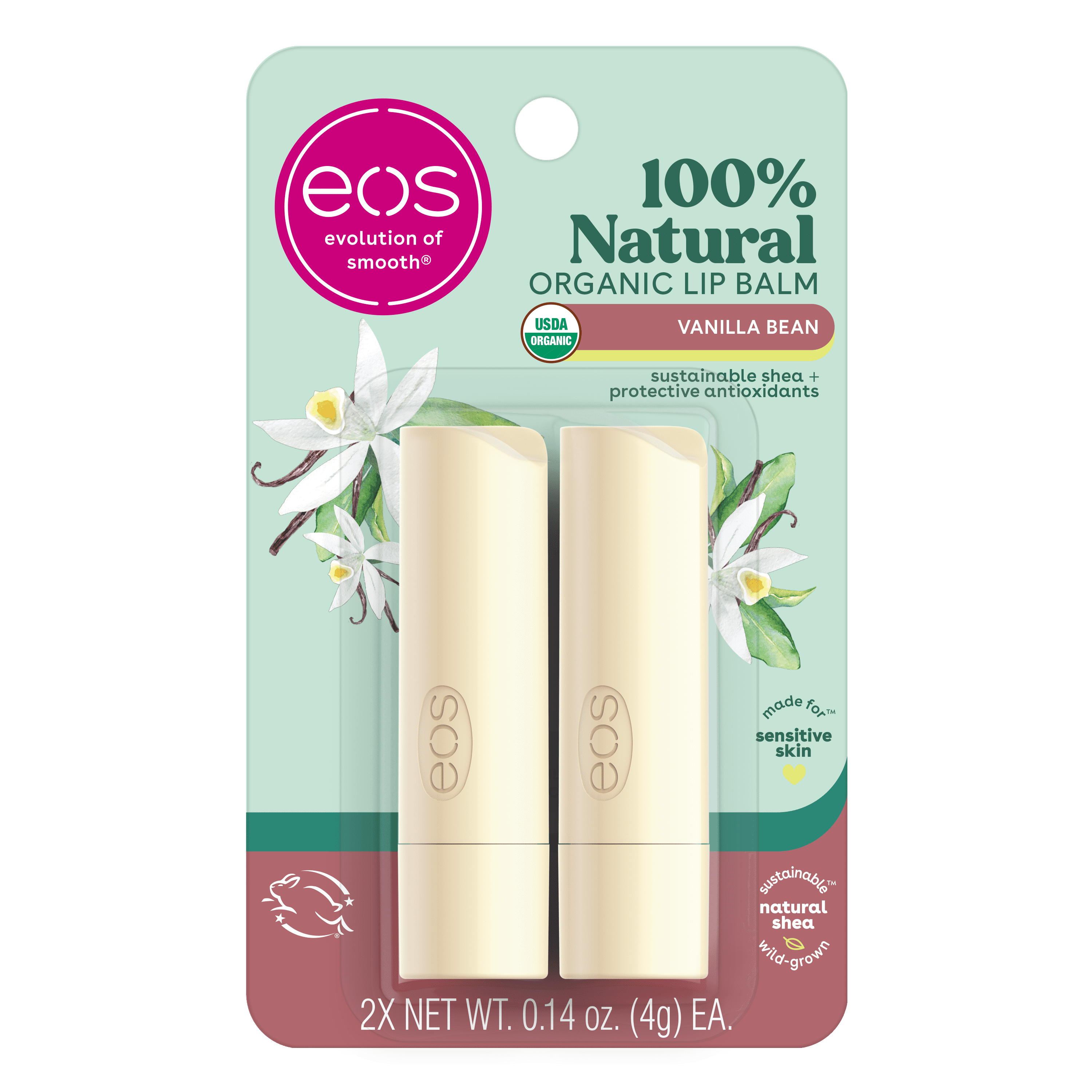 eos 100% Natural & Organic Lip Balm Stick - Vanilla Bean | 0.14 oz | 2-pack