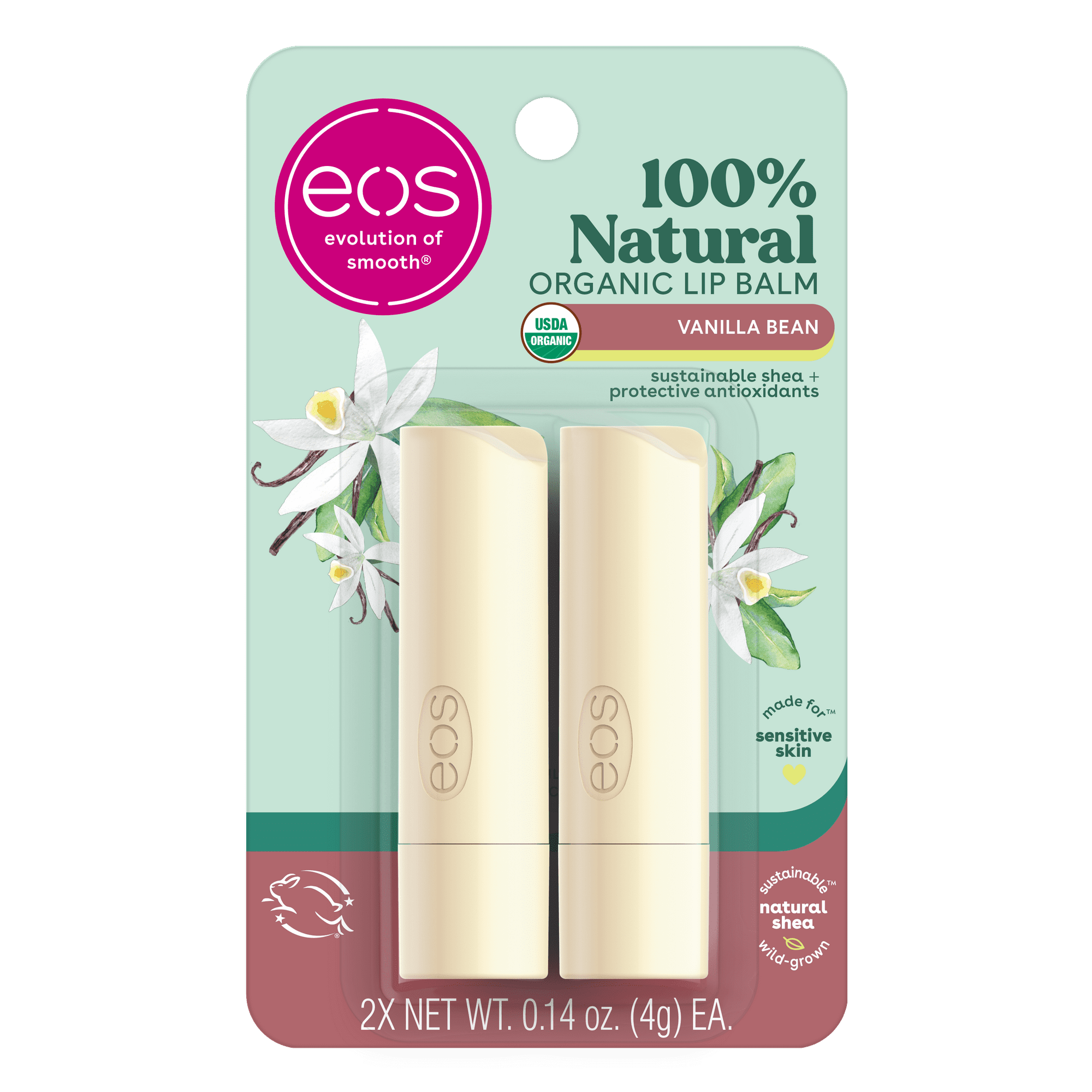 Eos 100% Natural & Organic Lip Balm Stick - Vanilla Bean | 0.14 oz | 2-Pack