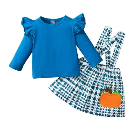 

Honeeladyy Clearance under 10$ Children s Halloween Girls Long Sleeve Top + Plaid Pumpkin Strap Skirt Children s Wear