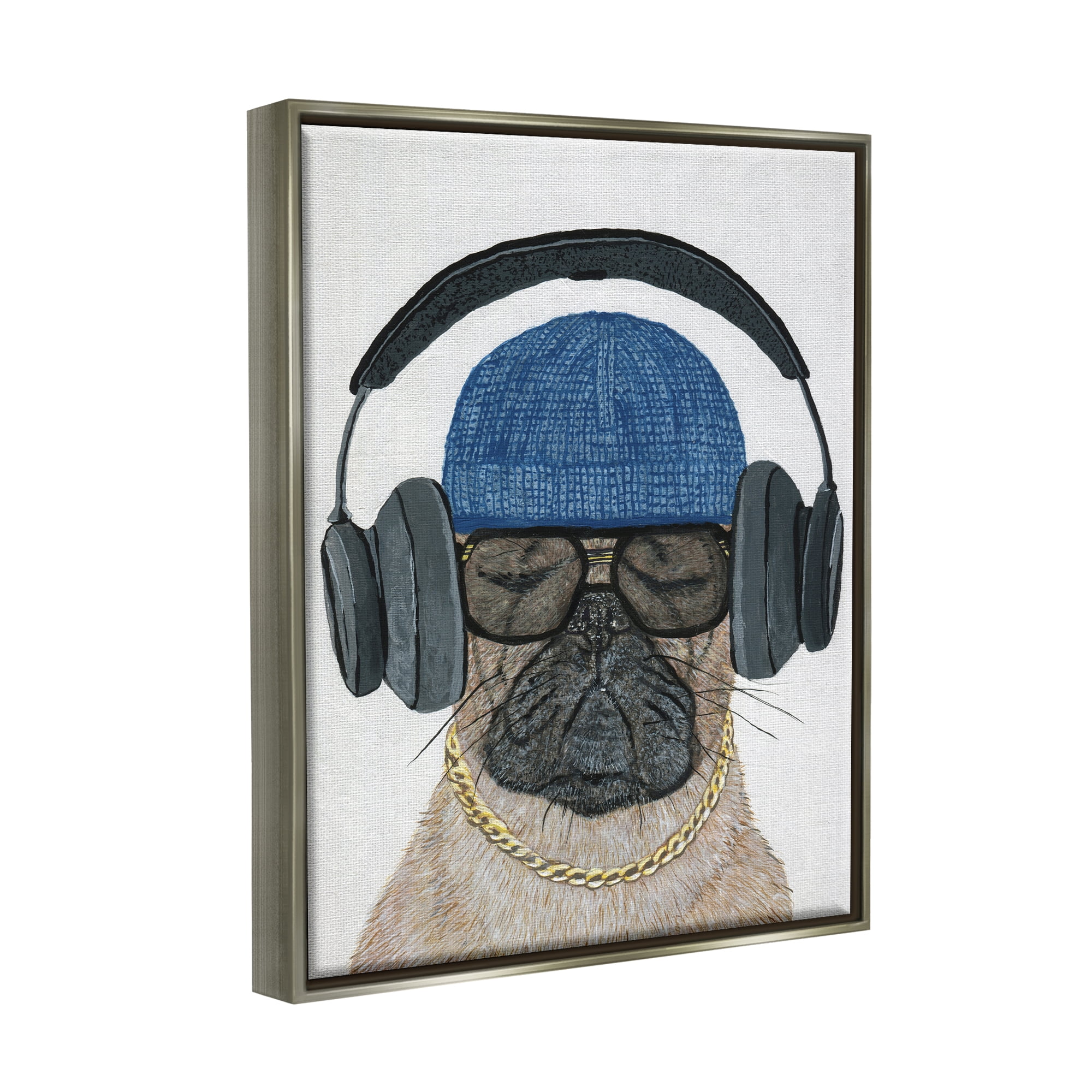 Stupell Industries Pug in Headphones Animals & Insects Painting Gray Floater Framed Canvas Art Print Wall Art, 17 x 21