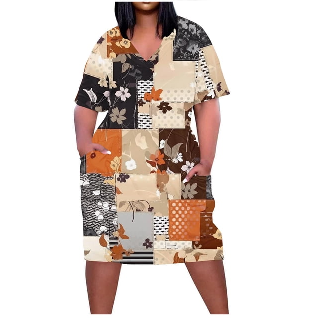 Pisexur Robes d'Été pour Femmes Mode Multicolore Imprimé Floral Robe Décontractée Ample Col en V Manches Courtes Robes T-Shirt Fluide Surdimensionnée avec Poches Robe Midi Grande Taille L-5TG