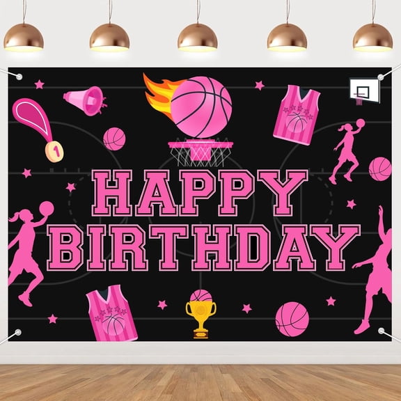 Pink Basketball Birthday Backdrop Pink Black Happy Birthday Photography Background for Girl Basketball Sport Theme 10th 11th 18th Birthday Party Decorations Banner Photo Booth Props