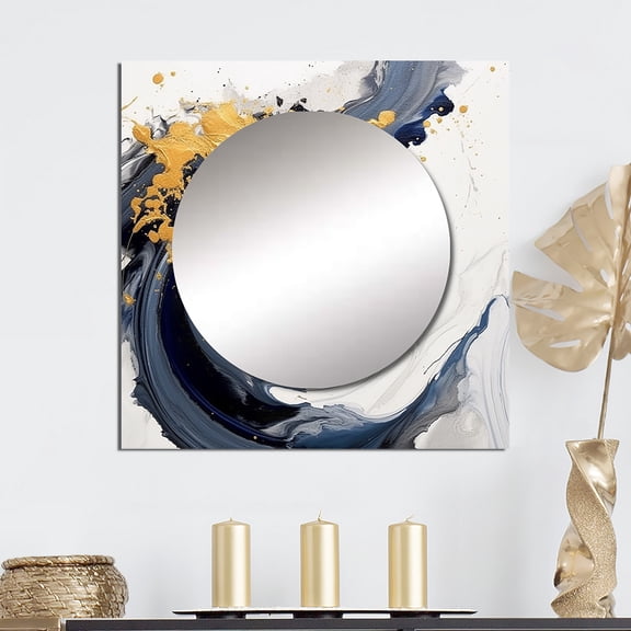 Designart "A Spiral in Dark Blue and Gold V" Abstract Spirals Square Mirror For Wall Decor - Large Blue Square Printed Wall Mirror Art - Square Transitional Mirror - Wall Mounted Square Large Mirror