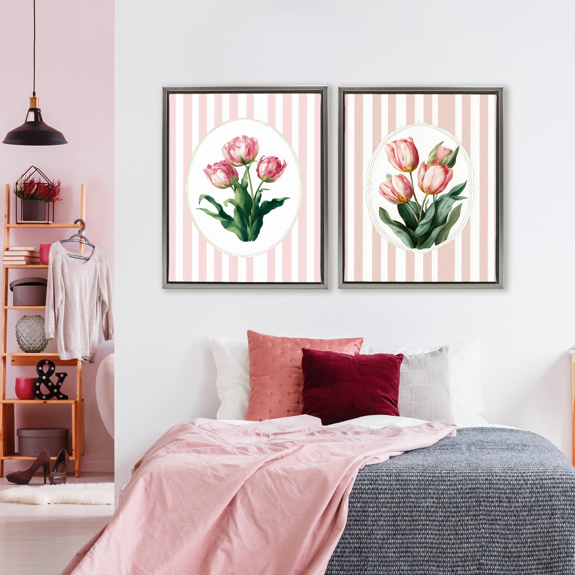 Stupell Industries Blush Tulips on Stripes 2 Piece Gray Framed Floater Canvas Set, design by Ink Drop Loft