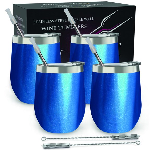 Stainless Steel Insulated Wine Tumbler - Blue Sparkle by Chillout Life for Unisex - 4 x 12 oz Tumbler