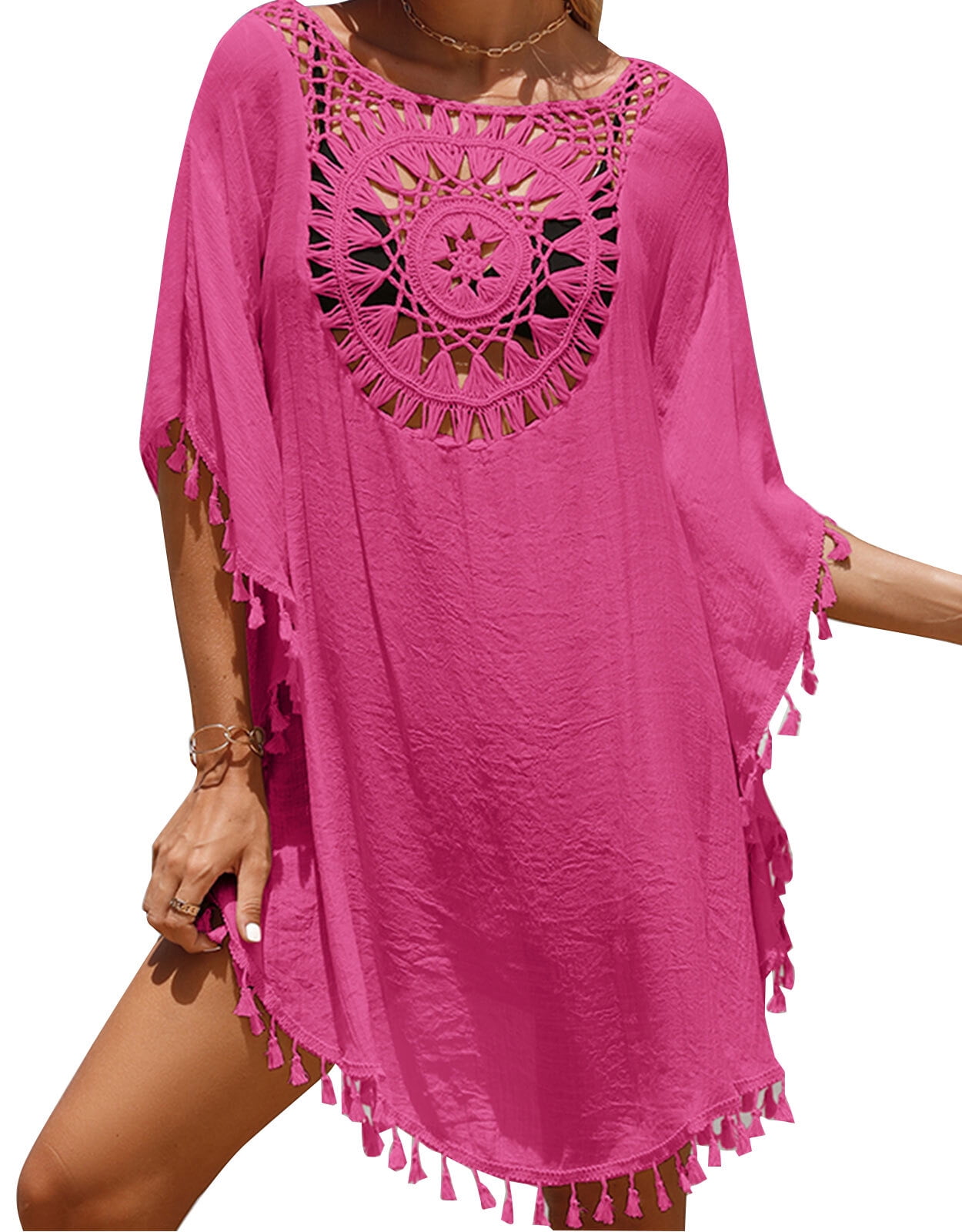 Swimsuit Cover Up for Women Plus Size Hollow Hand Crochet Neck Boho Bathing Suit Cover Ups