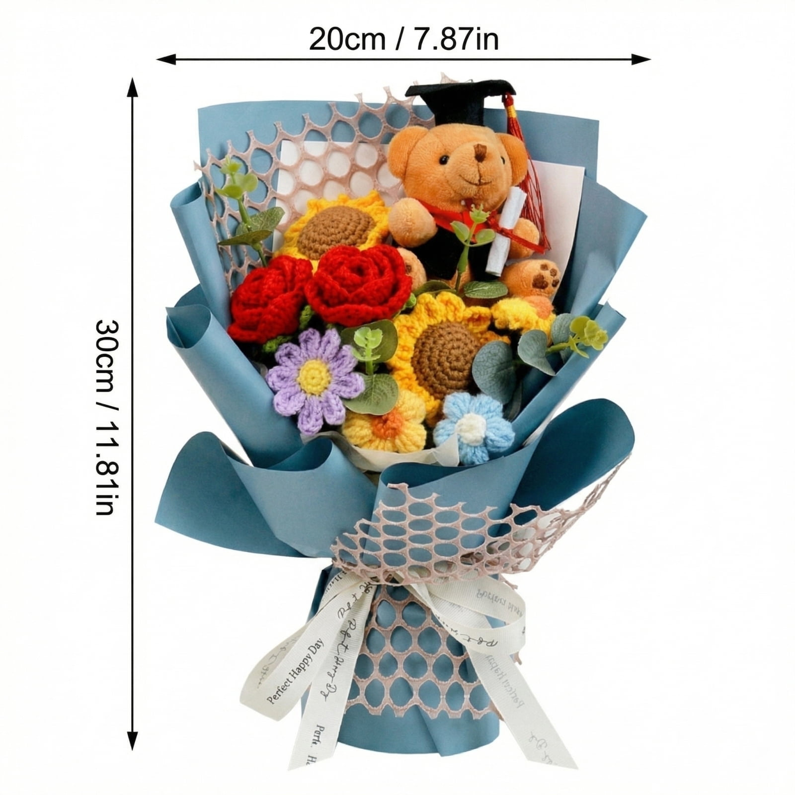 Handmade Crochet Graduation Bouquet Light Blue With Graduation Doctor Bear Crochet Sunflower For Graduate Gift 1 Pack