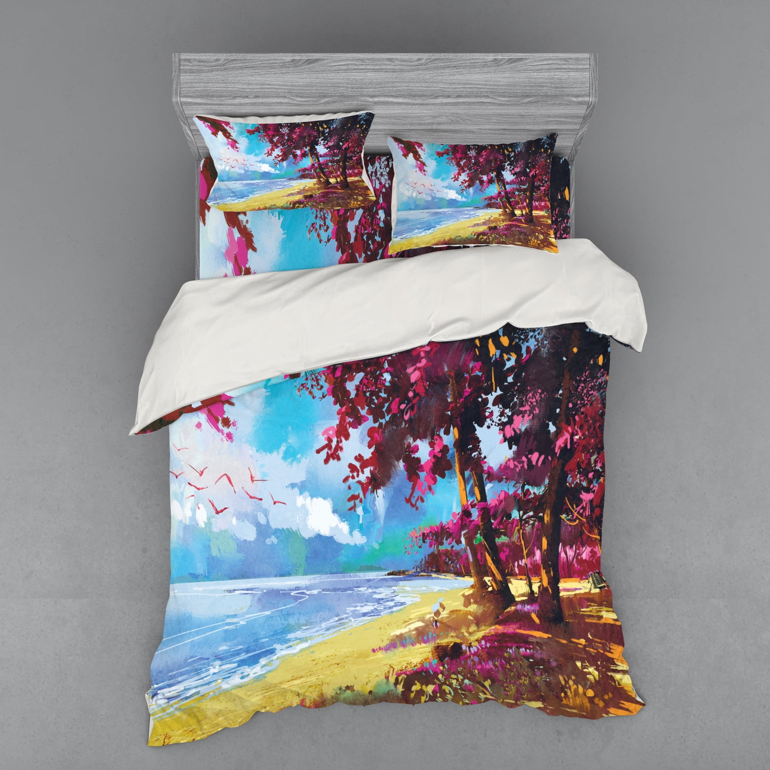 Seascape Duvet Cover Set, Floral Colored Blossom Trees on Tropic Sandy Beach Seascape Summer