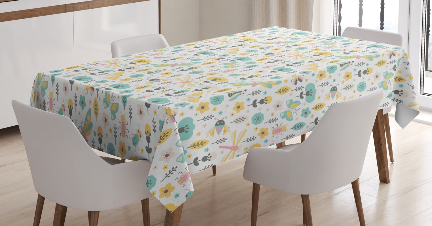 Tablecloth Yellow Insects Animals Tablecloth, Pastel Toned Insects with Wings Dragonfly Moth and ...