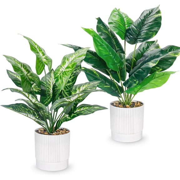 2 Pack 16“ Fake Plants Artificial Tropical Plants Indoor in White Pot for Home Office Desk Accessories Bathroom Sage Green Decor