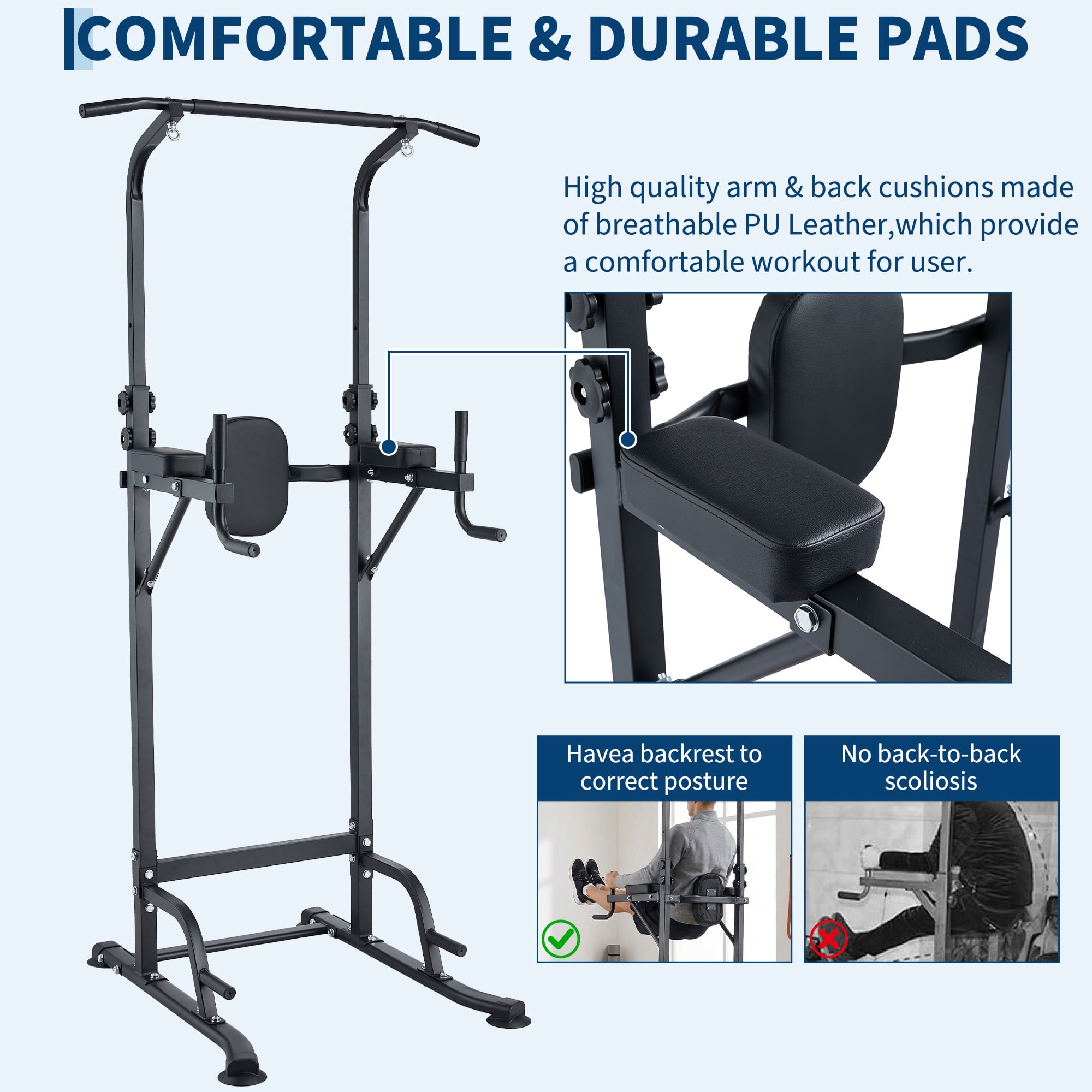 Multi-Function Power Tower Pull Up Bar Station with Backrest, Adjustable Height Strength Training Equipment for Gym, Heavy Duty Pull Up Dip Station