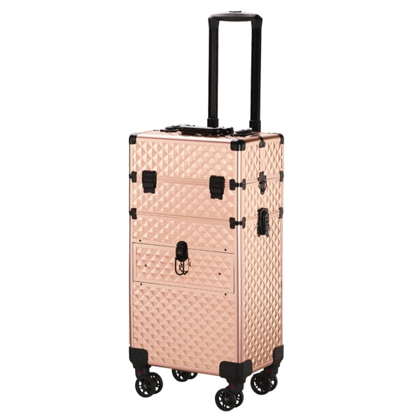 2-in-1 Champagne Gold Makeup Case, Diamond-Patterned Aluminum, Sliding & Removable Drawers with Swivel Wheels for Vanity/Travel/Professionals