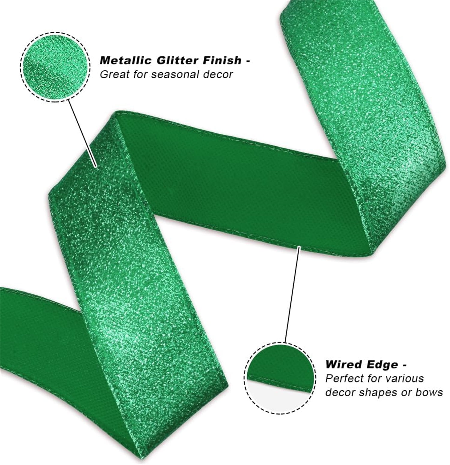 Metallic Glitter Wired Ribbon Decorations for Christmas Tree, Bexikou 2 Roll Christmas Green Ribbons for Wreath DIY Crafts Farmhouse Home Outdoor Party Decor, 2.5" x 20 Yards