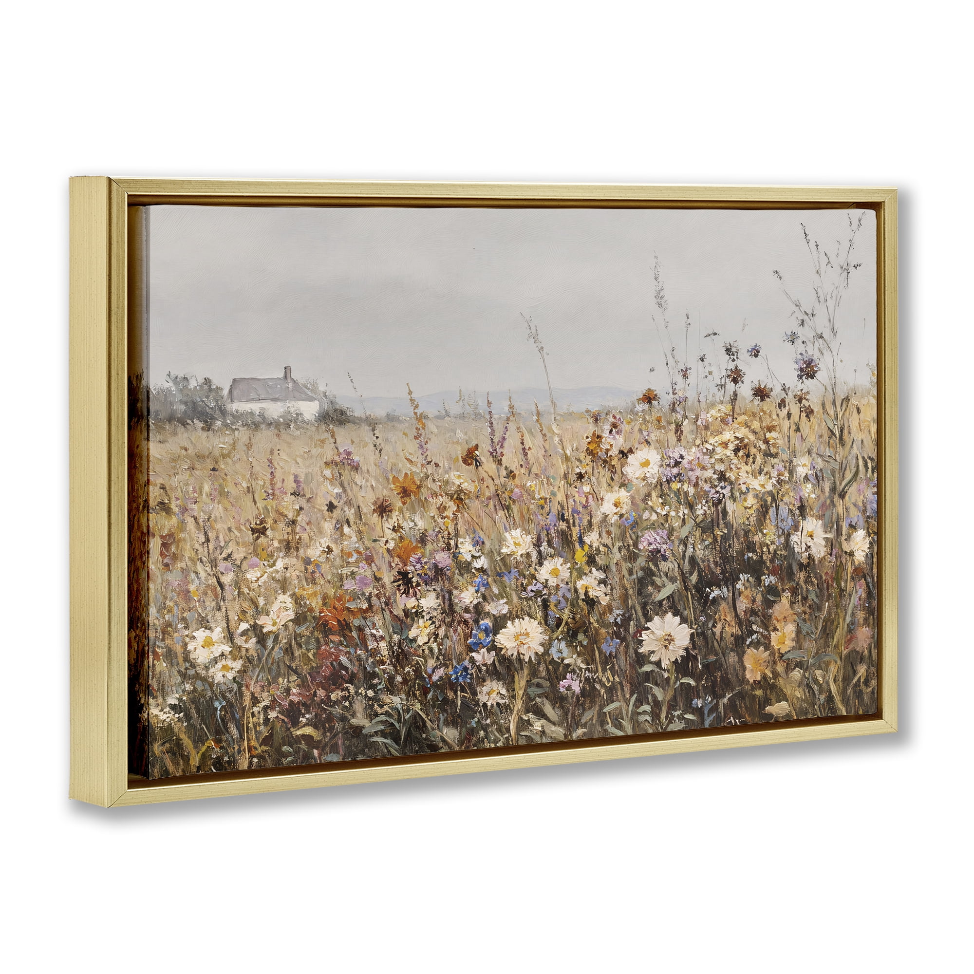 Stupell Industries Quaint Cottage Meadow Gold Framed Floater Canvas Wall Art, design by Jacky Ngan