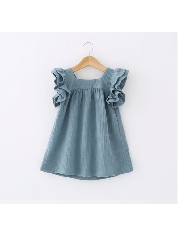 Girls Sleeveless Frill Sleeve Dress Summer Cotton Casual Outfit Tutu Dresses for 2-7 Years Little Girl