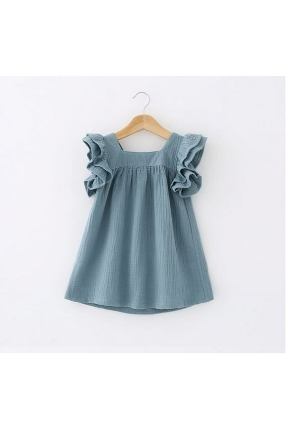 Girls Sleeveless Frill Sleeve Dress Summer Cotton Casual Outfit Tutu Dresses for 2-7 Years Little Girl