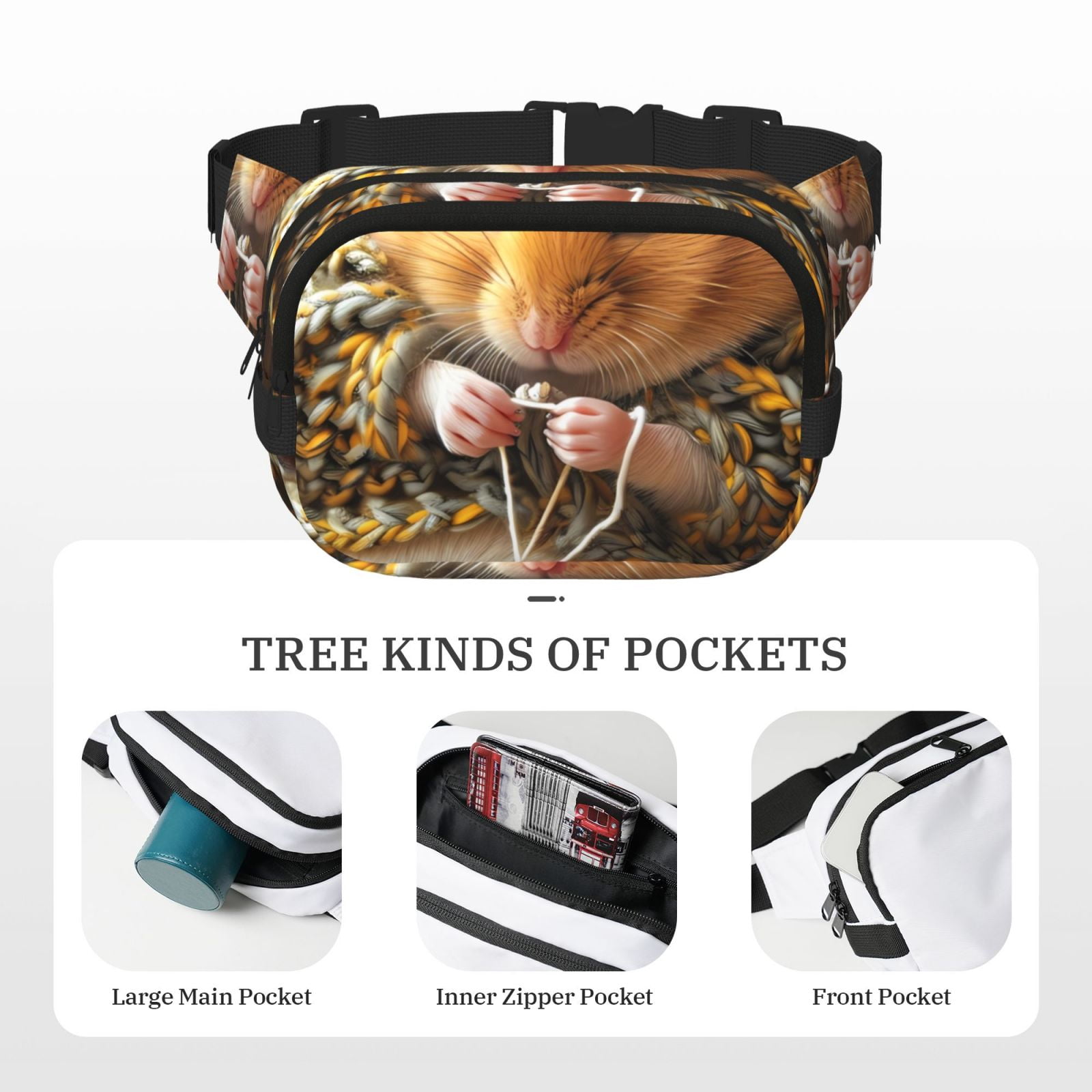 Picia Modern Floral Guinea Pig Print Square Double-Layer Waist Bag Mini Adjustable Waist Belt Bag Exercise Running Travel Hiking