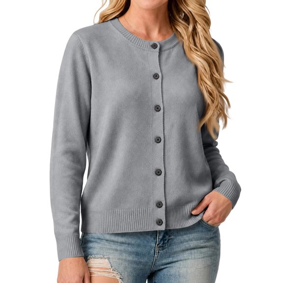ZCNKMX Tops for Women Solid Color Crew Neck Long Sleeve Cardigan Knitted Regular Fit Button Front Sweater Casual Vacation Spring Fall Lightweight Jacket Gray XXL