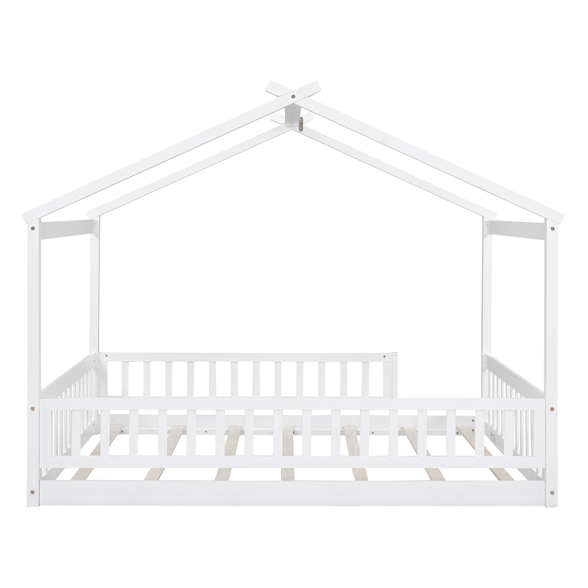Wooden Full Size House Bed Frame for Kids, Toddler Floor Bed with Roof and Fence, Classic Design Montessori Bed for Toddlers, Teens, Boys or Girls, Box Spring Not Required, White