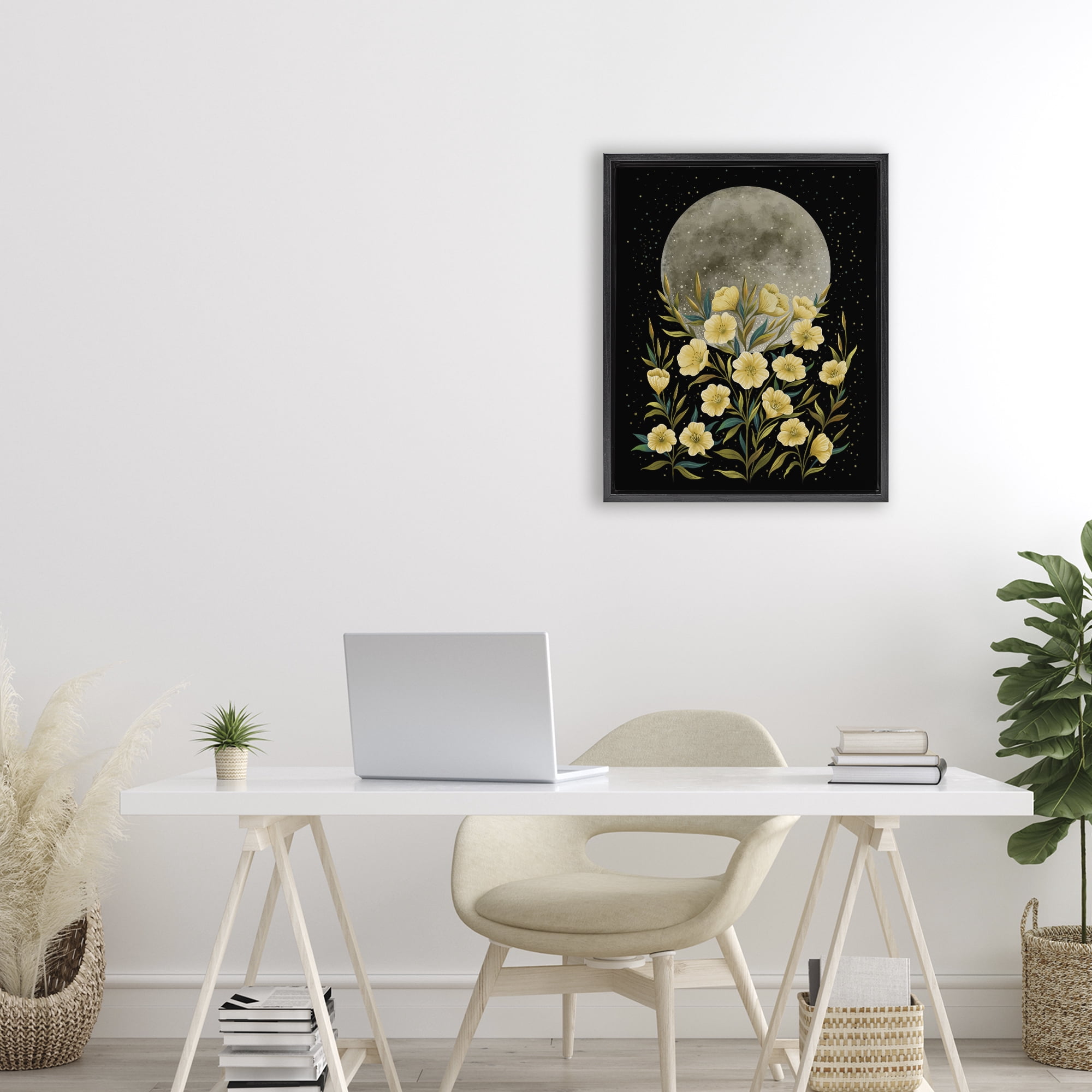 Stupell Industries Moon Greeting Yellow Flowers Black Framed Floater Canvas Wall Art, design by Episodic Drawings