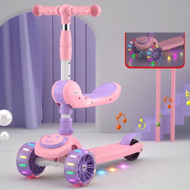 SANGKEE Scooter, Devil Skate 2 en 1 Kick Scooter, monopatín, luz LED de 3 ruedas con asiento y altura de freno ajustable, mini scooter de juguete para niños y niñas de 4 a 7 años (rosa) brillar Electrónica