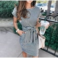 thumbnail image 1 of Nouvelle Robe à Rayures Décontractées pour Femmes Col Rond Jupe Élégante Manches Courtes Ceinture de Poche Robe de Tunique, 1 of 8
