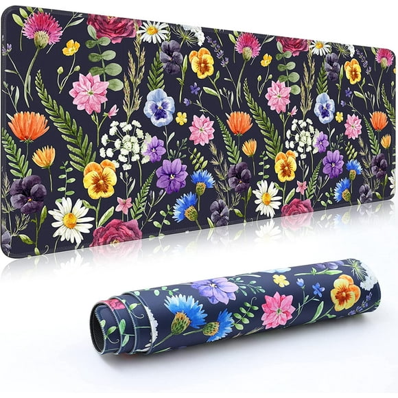 Tapis de Bureau, Grand Tapis de Souris 35 Pieds''X15.6 Pieds''X0.12 Pieds' TTG Tapis de Souris de Jeu avec Base Antidérapante Tapis de Souris Eges pour Ordinateur, Bureau, Clavier et Ordinateur Portable - Fond Floral 1