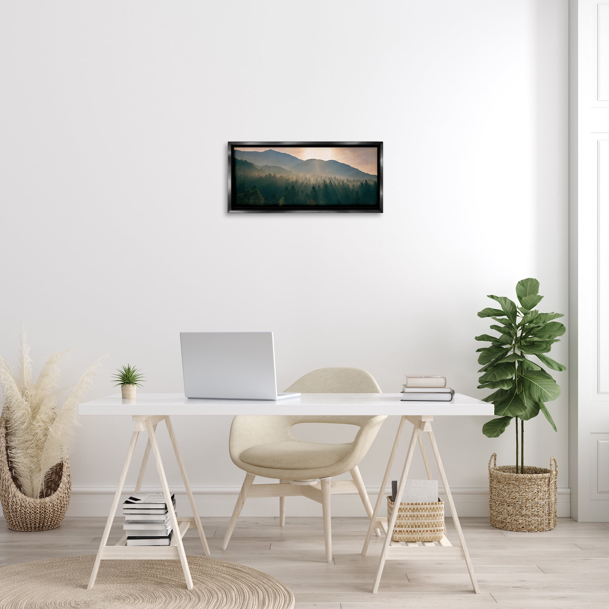 Stupell Industries Morning Sun over Misty Trees Landscape Photography Black Floater Framed Canvas Art Print Wall Art, 25 x 11