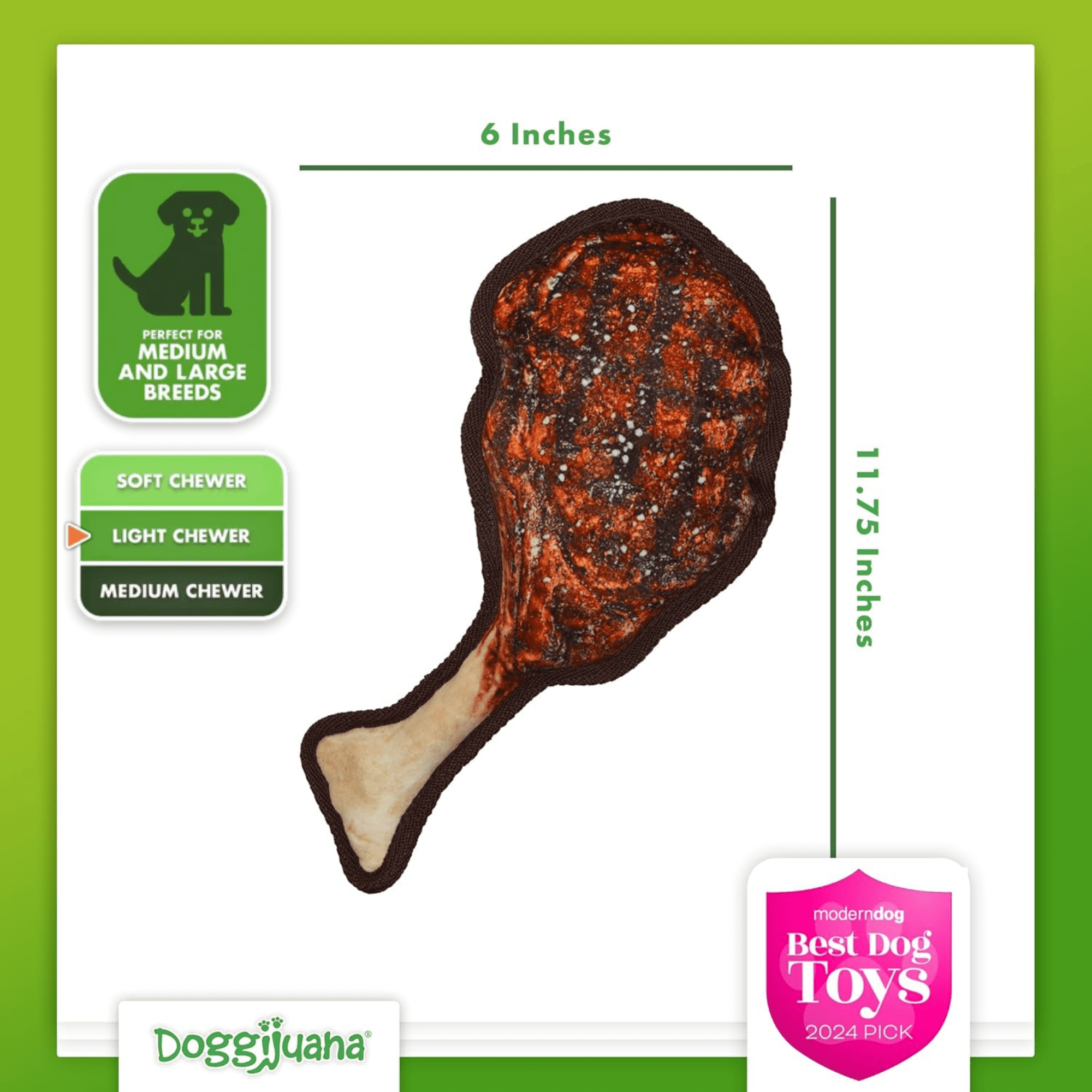 Doggijuana Tuffer Chewer Plush Dog Toy with Juananip Catnip, Squeaky Refillable Toy, Tomahawk Steak