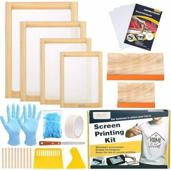 31 Pieces Screen Printing Starter kit Include 4 Different Size of Wood Silk Screen Printing Frame with 110 Mesh, Squeegees, Inkjet Transparency Film, Ink Knife, Gloves and Mask Tape$$