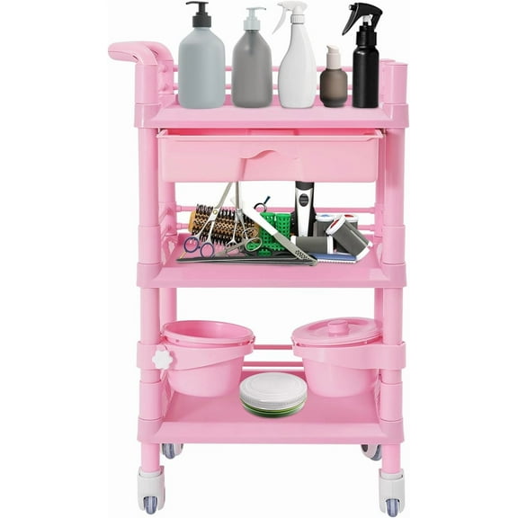 3 Tiers Beauty Salon Rolling Trolley, Mobile Medical Trolley Cart with 2 Dirts Bucket, Esthetician Cart with Drawer Lockable Wheels, 3 Tier Heavy Duty SPA for Beauty Salon Hospital Lab (Pink)