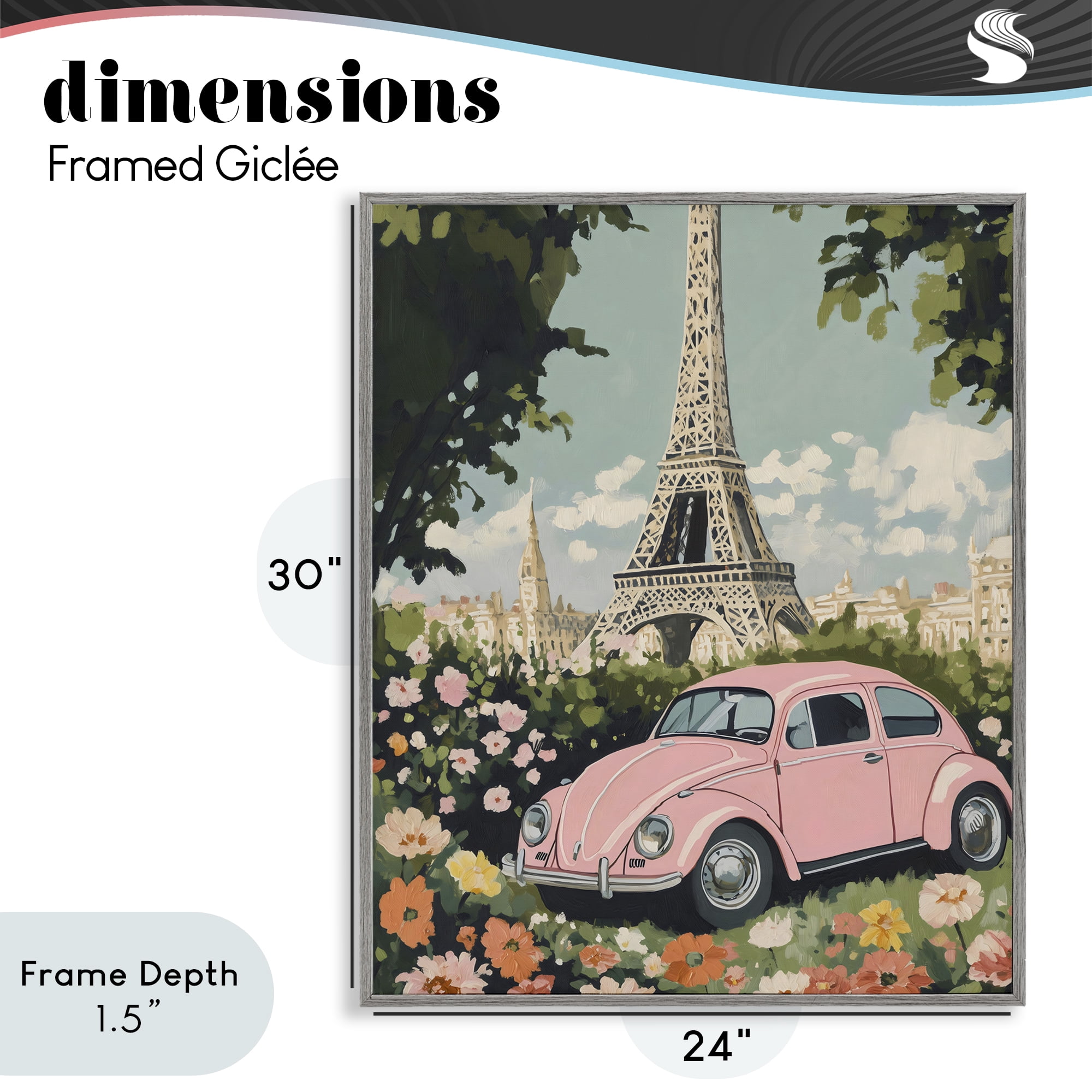 Stupell Industries Paris Pink Car in Bloom Gray Framed Giclee Art, design by The Prints Vibe