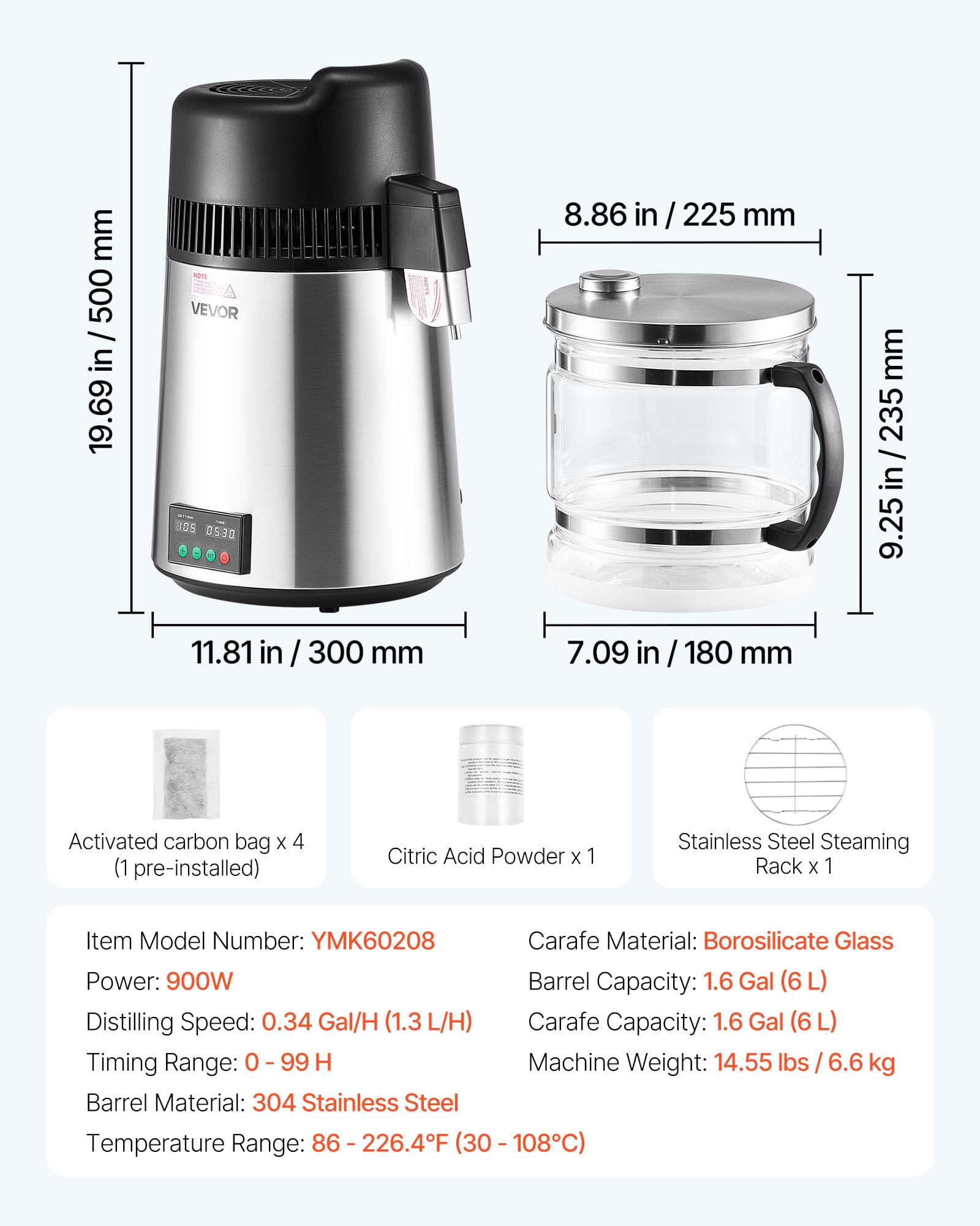 VEVOR Water Distiller, 6L 1.6 Gallon Larger Pure Water Purifier Filter For Home Table Countertop, 900W Glass Pot Distilled Maker,Stainless Steel Interior Drinking Machine to Make Clean Waters,Silver