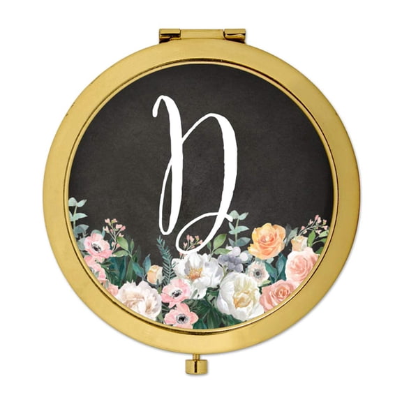 Koyal Wholesale Gold Compact Mirror Bridesmaid's Wedding Gift, Peach Flower Florals on Chalkboard, Monogram Letter D