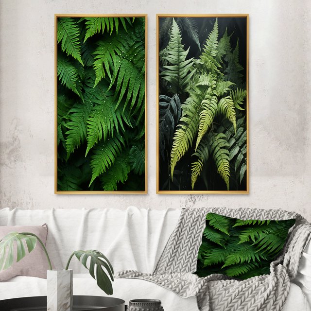 Designart "Enchantment with Ferns I" Ferns Framed Wall Art Set Of 2 - Green Floral Frame Gallery Set For Office Decor