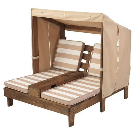 Teak Chaise Lounger - KidKraft Outdoor Wooden Double Chaise Lounger with Cup Holder, Oatmeal and White