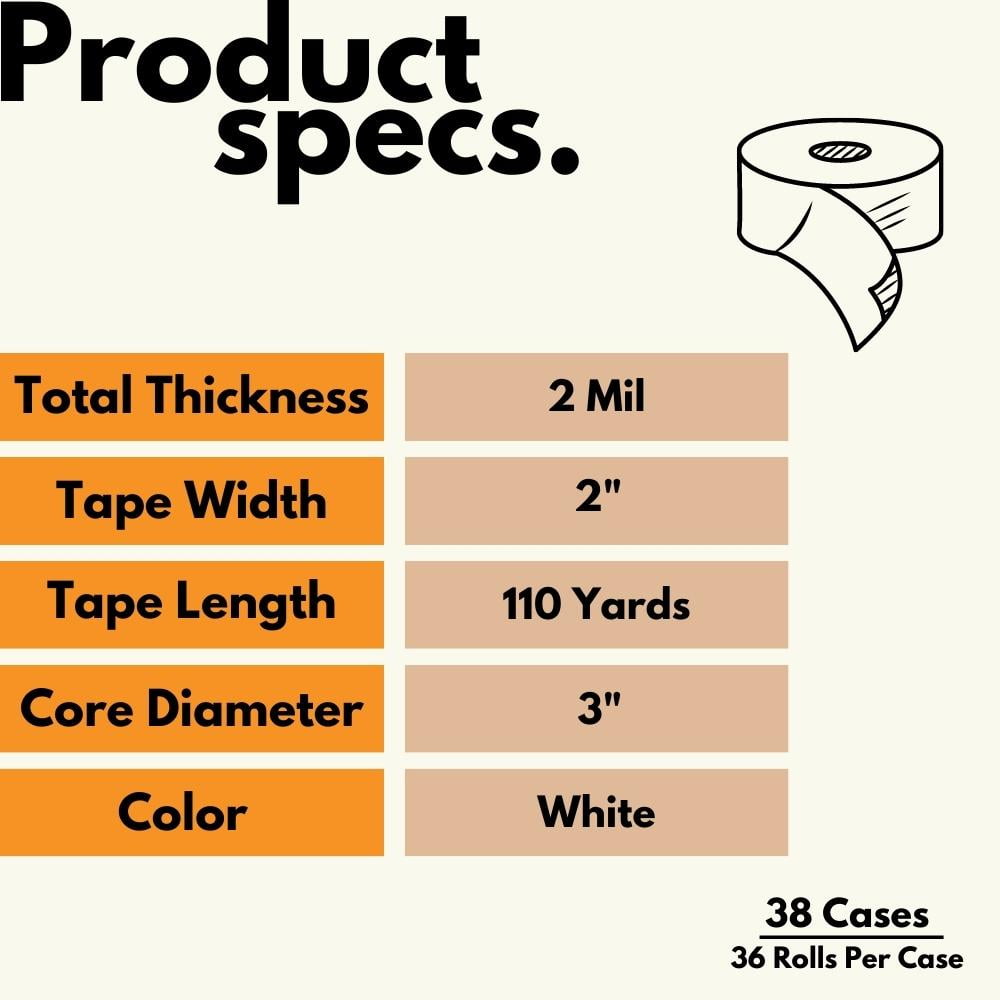 MMBM 1368 Rolls - 2 Mil - White Colored Packing Sealing Tape Convenient,  Product Coding, Dating Inventory, White, 2 x 110 Yards, 3 Core