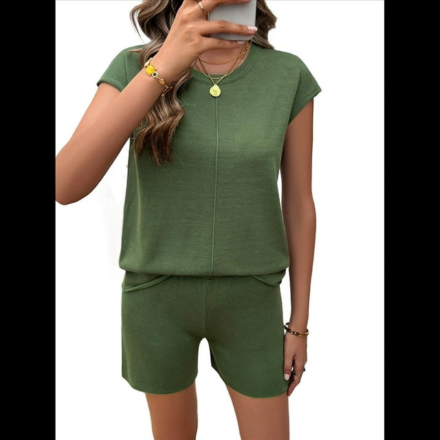 Conjunto de Pijama de Dos Piezas para Mujer, de Punto, con Mangas y Suéter Suave Verde XL