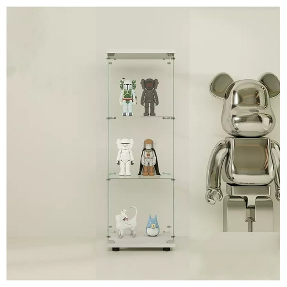 One Door Glass Cabinet Glass Display Cabinet with 3 Shelves, White