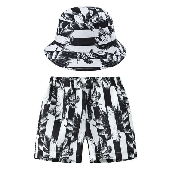 Tfken Summer Shorts For Boys Hawaii Print Elastic Waist Shorts With Pockets And Hat Set Fashion Casual Teen Soft Clothes Black Size 1-2 Years