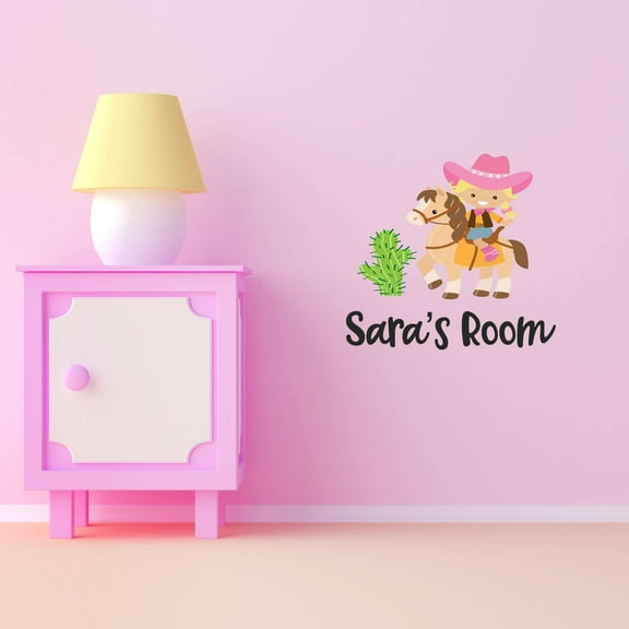 Cactus Desert Little Cowgirl Roper Personalized Name Cowboy Chaps Rodeo Horse Pony Bull Steer Stallion Roper Holiday Gift Decorating Ideas Bedroom Wall Decal Sticker - Size: 20 In X 18 In