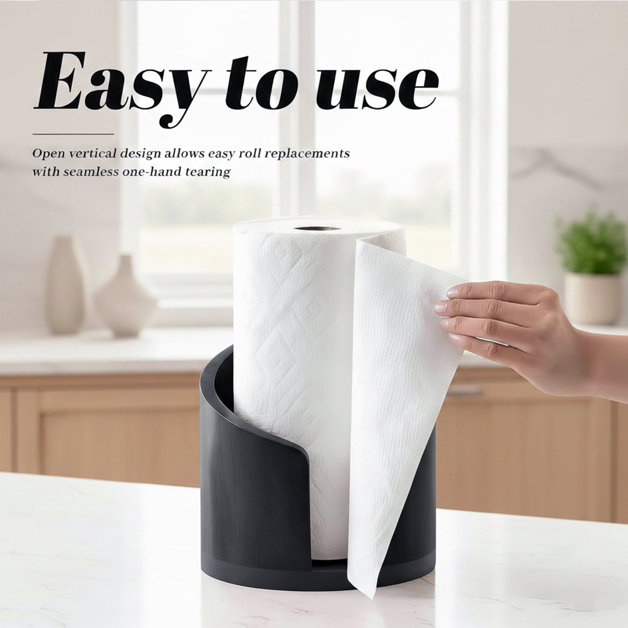 Standing Pine Wood Paper Towel Holder, 11.5" Countertop Dispenser Fits Jumbo Rolls, Modern Semi-Enclosed Design for One-Handed Tear, Brown/Natural/Black