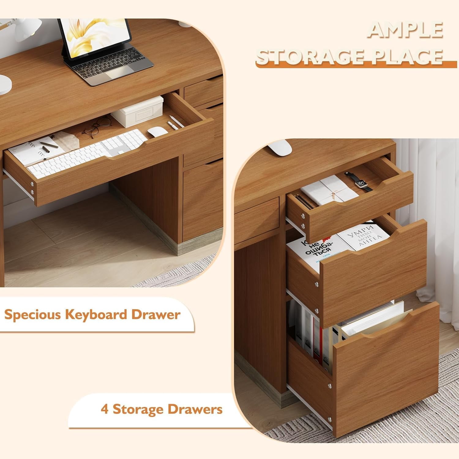 DreamCurship 48 inch Computer Desk with 4 File Drawers, Study Desk with Filing Cabinet and Storage, Home Office Desk for Work and Study, Writing Desk for Small Space, Brown