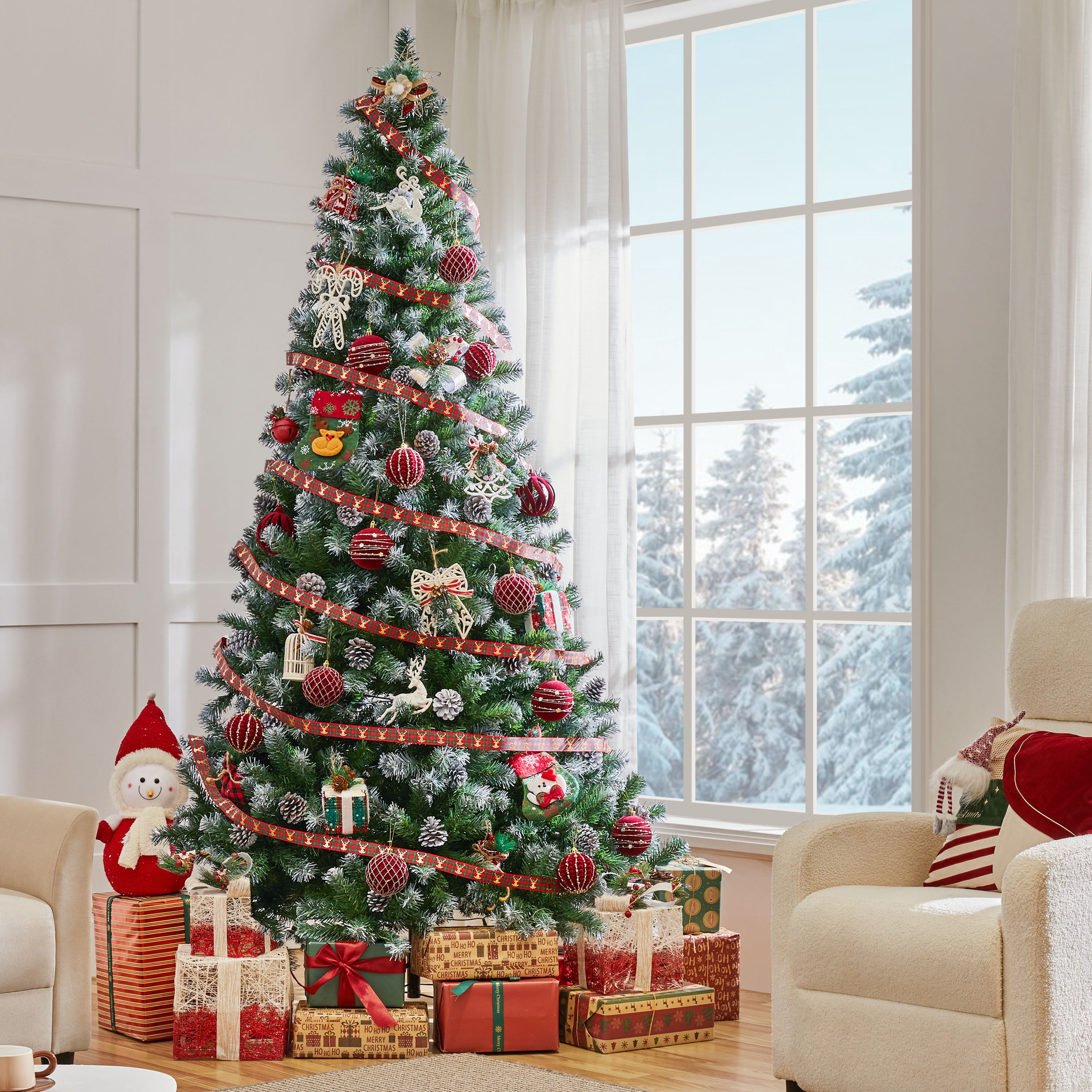 Alden Design 7.5FT Frosted Artificial Christmas Tree with Pinecones, Pre-Lit Warm White Lights and Stand Included, Green